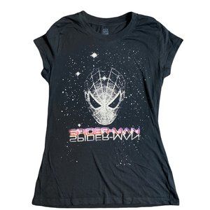 Disney Marvel Spider-Man Head in Stars Womens Large Black Short Sleeve Shirt